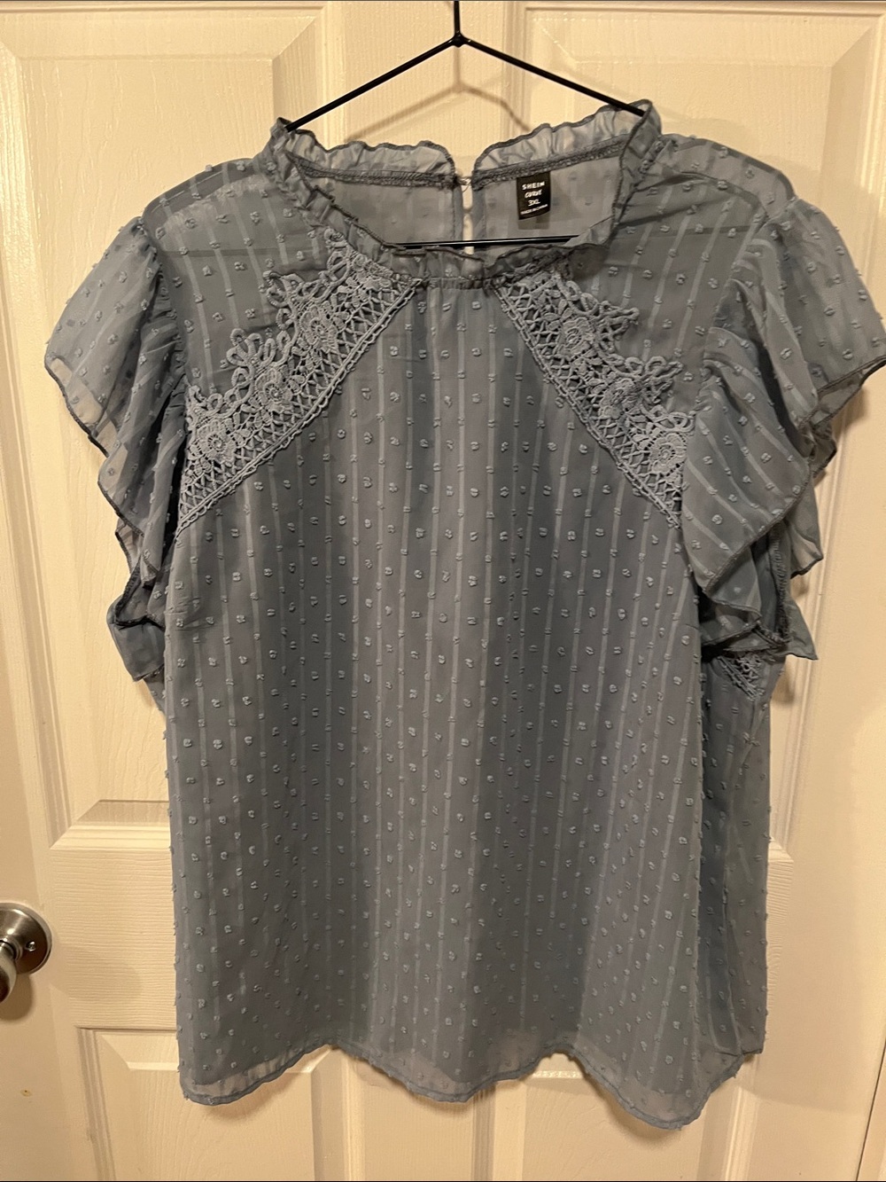 SHEIN Powder Blue Swiss Dot Lace-Yoke Ruffle Sleeve Blouse